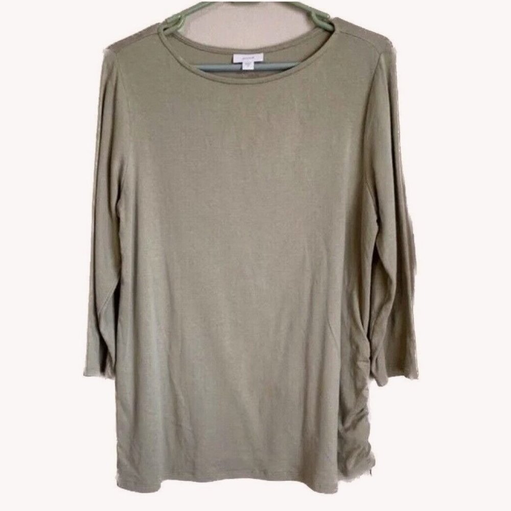 J. Jill Pure Jill Sage Green Tunic Top Medium Ruched Tie Side Rayon Long Sleeves